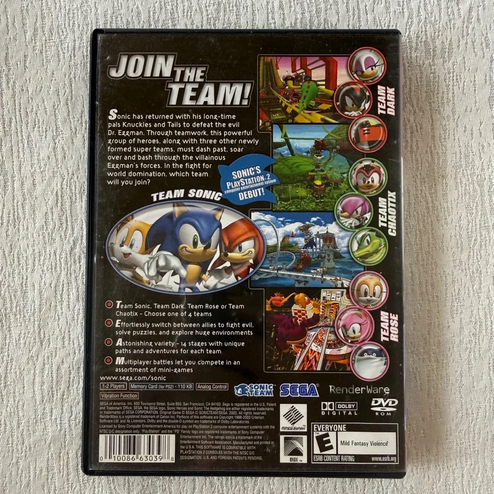 Sonic Heroes Greatest Hits‎ PS2 PlayStation 2 Case Manual Untested